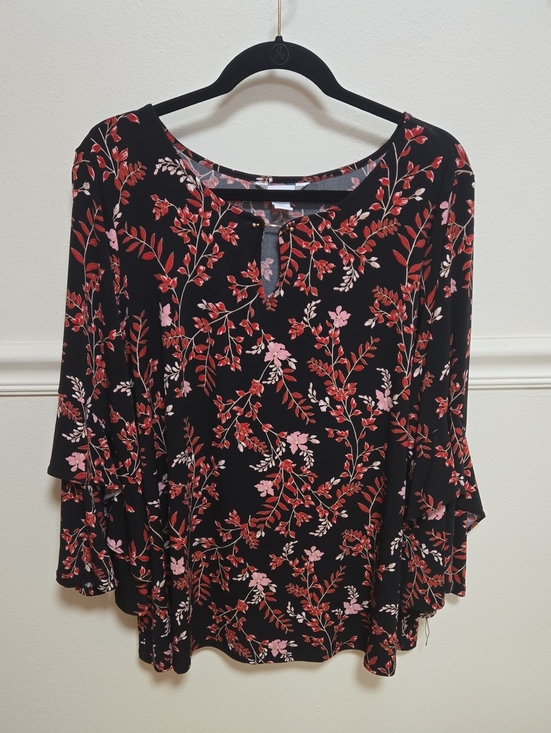 Liz Claiborne Tops - Liz Claiborne Black Floral Keyhole Ruffled-Sleeve Blouse